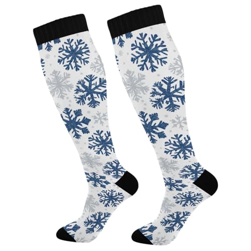 Snowflake Red Christmas Compression Sock for Women Men Funny Support Knee High Socks Running,Nurses,Travel - color: Sliver Blue Snowflake