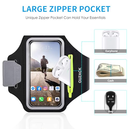 GUZACK Running Armband for iPhone 18 Pro Max 17 16 15, Galaxy S26 S25 S24, with Card Slot & Key Pockets, Running Phone Holder, Fit Up to 6.9 Inches Phone - Size S (Smaller Arm 9-14 in) - color: Green Zipper, size: S
