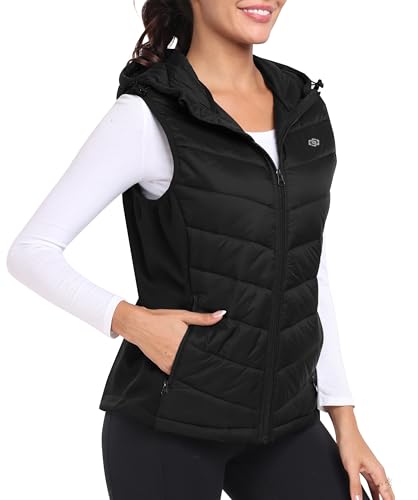 MoFiz Womens Puffer Vest Hooded Lightweight Sleeveless Down Jacket - color: Black, size: X-Large
