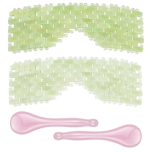 4 Pcs Jade Eye Mask & Skin-Safe Glass Facial Massage Tool, Jade Cooling Mask & Gua Sha Therapy Roller for Skincare Relieve Puffiness, Anti-Aging, Stress Relief - color: Pink