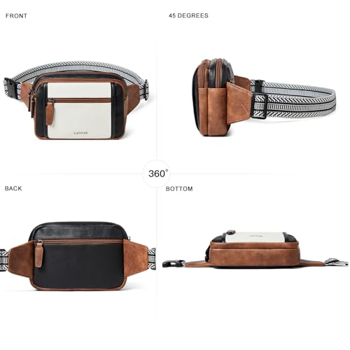 LATMAP 3L TRIPLE ZIP Fanny Packs Belt Bag For Women Men Crossbody Waist Pack Sling Chest Bum Travel Bag Purse Faux Leather Fashion Cute Black - color: Black & White W/ Brown Trim