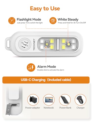 TECKNET Clip-On Personal Alarm with LED Light, USB-C Rechargeable, White - color: White