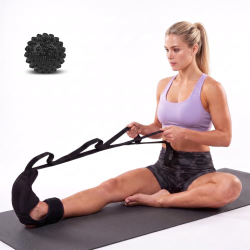 Calf Stretching Strap for Plantar Fasciitis, Foot Stretcher Night Splint for Heel Spurs, Foot Drop, Achilles Tendonitis & Hamstring, Yoga Foot & Leg Stretch Strap with Black Massage Ball - color: Black with Black Ball