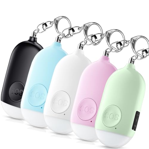 Personal Safety Alarm - 5-Pack - Rechargeable - Strobe LED Flashlight - SOS Emergency Loud Alarm - Self-Defense Keychain - for Women, Students, Kids, and Seniors - color: White&Pink&Blue&Black&Green