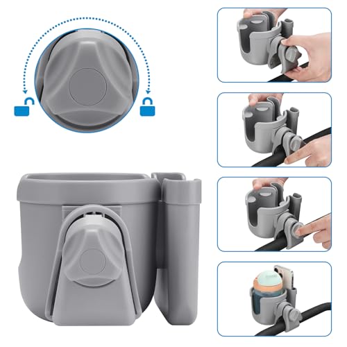 Accmor Stroller Cup Holder with Phone Holder, Bike Cup Holder, Walker Scooter Wheelchair Cup Holder Attachment, Universal Cup Holder for Uppababy Graco Strollers - color: All Grey