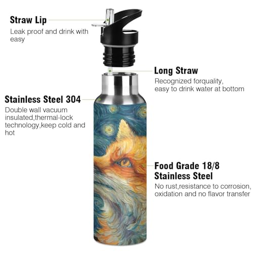 OTVEE Starry Night Fox Water Bottle Sports Water Bottle Insulated Stainless Steel Hot Cold Water Mug with Straw Lid & Handle for Sports Gym 20 oz - color: Starry Night Fox