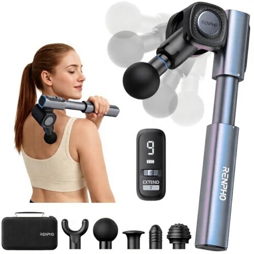 RENPHO Foldable 2-in-1 Massage Gun with Extendable Handle, 0-90° Angle - color: Blue