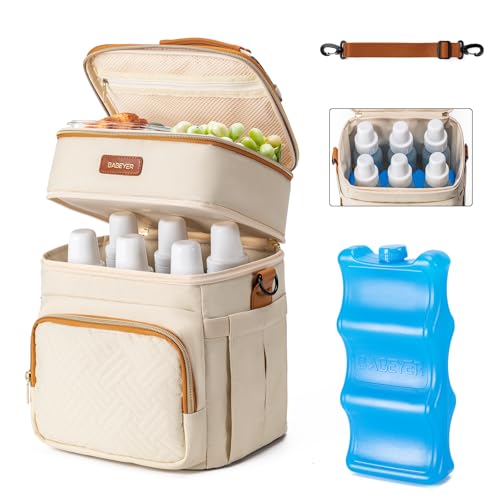 Breastmilk Cooler Bag with Ice Pack Fits 6 Baby Bottles Up to 9 Ounce, Double Deck Leak-Proof Baby Bottles Bag with Shoulder Strap for Nursing & Working Mom, - color: Beige with pocket