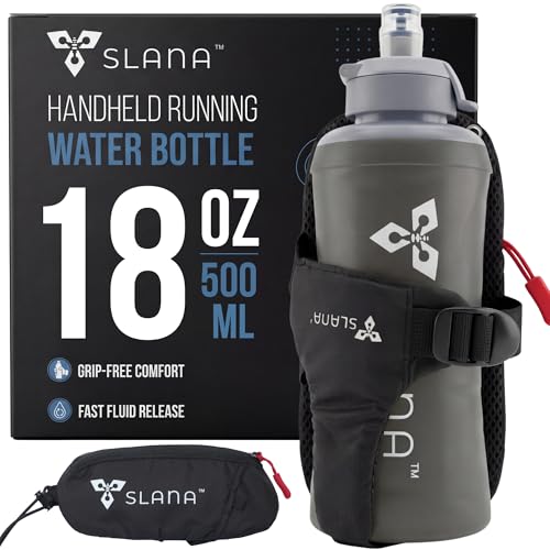 Handheld Running Water Bottle 18 oz – Grip-Free Collapsible Water Bottles for Running with Adjustable Strap & Thumbhole, Expandable Phone Pocket, Race Cap for One-Hand Drinking - color: Grey
