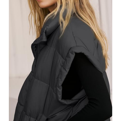 Songling Womens Oversized Puffer Vest Stand Collar Full Zip Sleeveless Bubble Puffer Vest Quilted Padded Warm Coat Outwear - color: Black, size: Small