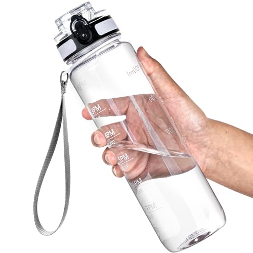 OLDLEY Water Bottle, 32oz Motivational Sports Water Bottle with Time Marker - Times to Drink - Tritan, BPA Free, Wide Mouth Leakproof, Clear (1 Bottle) - color: A-Clear