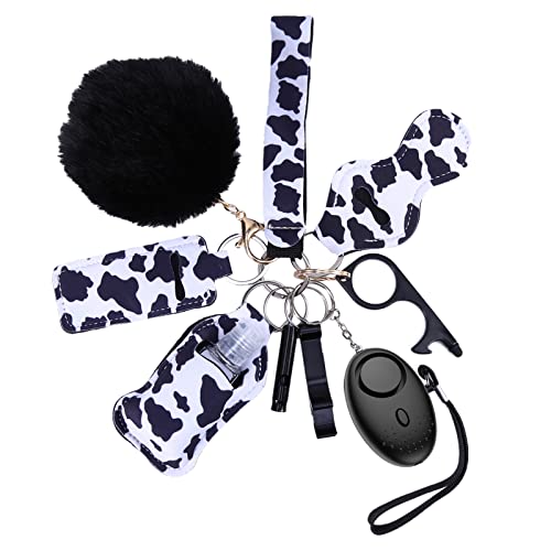 AMIR Safety Keychain Set for Women and Kids, 10 Pcs Safety Keychain Accessories with Sound Personal Alarm, Whistle and Pom - color: Cow
