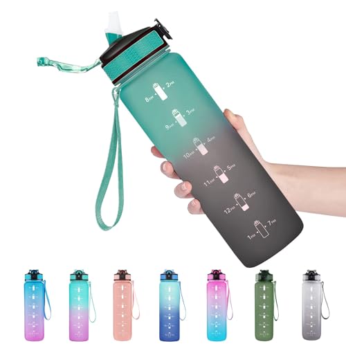 EYQ 32oz Water Bottle with Straw, Sports Bottle with Time Marker - color: 11-Hunter Green/Black Gradient