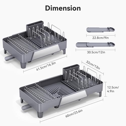 Urackify Large Dish Drying Rack, Expandable Dish Drainer, Gray