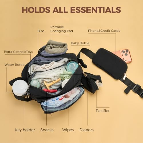 Rexmore Diaper Fanny Pack, Taslan Nylon Crossbody Mom Purse, Black - color: Black