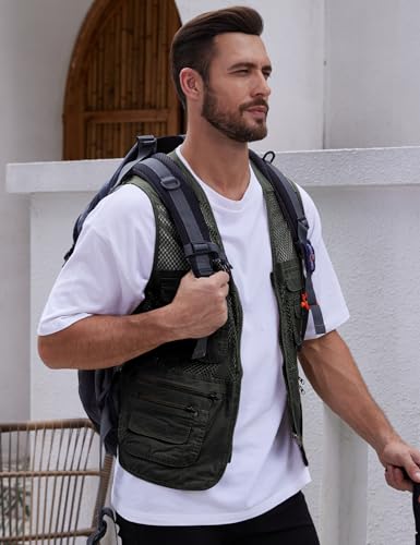 Gihuo Men's Utility Vest Fishing Safari Vest Summer Travel Vest with Pockets - color: Army Green 02, size: Medium