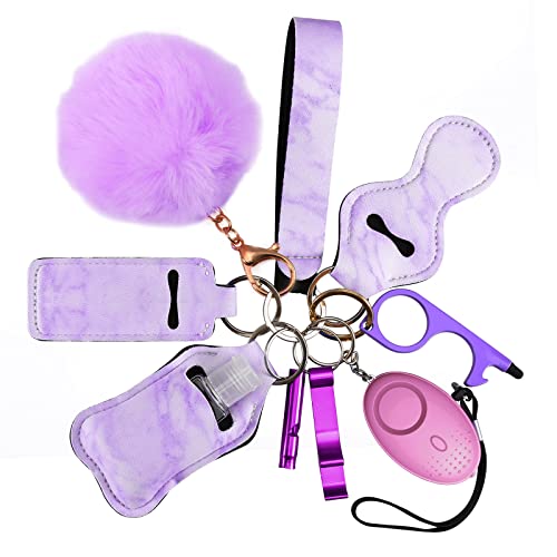 AMIR Safety Keychain Set for Women and Kids, 10 Pcs Safety Keychain Accessories with Sound Personal Alarm, Whistle and Pom - color: Purple