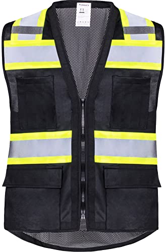 ProtectX High Visibility ANSI Class 2 Safety Vest with 6 Pockets - color: Black - Mesh Fabric, size: XX-Large