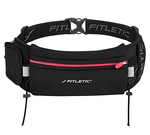 Fitletic - Ultimate II Running Pouch with Gels, Runners Pouch, Running Waist Belt with Gel Loops, Exterior Pocket, Inner Pocket, and Integrated Bib Toggles, Running Accessories - color: Pink & Black