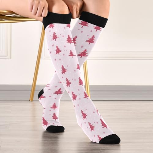 Snowflake Red Christmas Compression Sock for Women Men Funny Support Knee High Socks Running,Nurses,Travel - color: Christmas Pink Tree