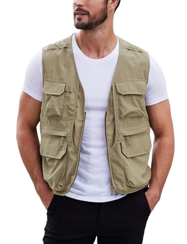 Gihuo Mens Fishing vest for Safari Utility Cargo with Pockets - color: Khaki, size: Small