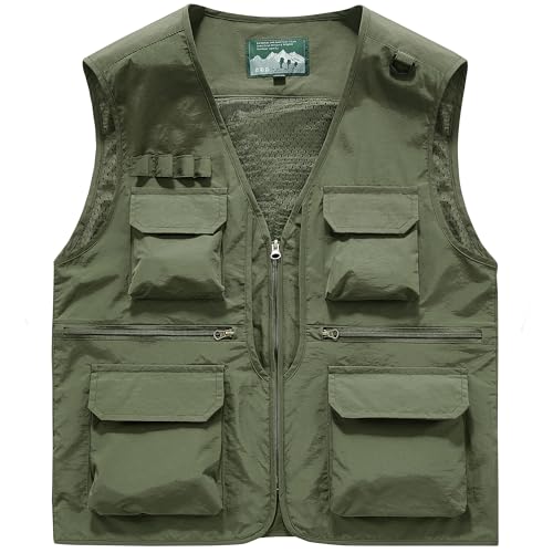 Men's Utility Fishing Cargo Vest Outdoor Lightweight Safari Travel Photo Vest Hiking Waistcoat With Multi Pockets - color: Military, size: XX-Large