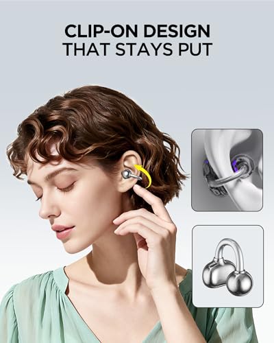 KUZER KT01 Pro Clip-on Earbuds, Open Wireless Bluetooth Headphones with Mic, Not in Ear, Won’t Fall Out, IPX5 Waterproof, 48H Playtime, Ultra-Light for Running, Work & Daily (White)