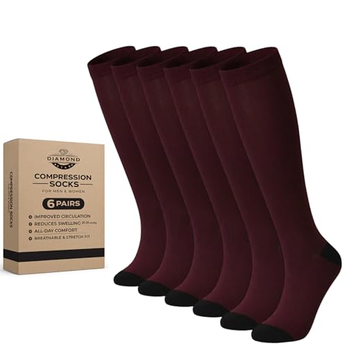 Diamond Star 6 Pairs Compression Socks for Men & Women, Knee High Socks - color: 6 Pairs Burgundy