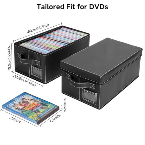 DVD Storage Box – Black Faux Leather DVD Case with Lid – DVD Shelf Organizer for 25 Standard DVD Cases – Foldable & Stackable Media Storage Solution-2Pack - size: DVD-2Pack