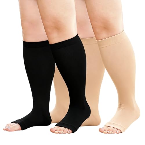 Plus Size Compression Socks: 2 Pairs Wide Calf Compression Toeless Stockings for Men Women - Open Toe 20-30 mmHg - color: Multi-2 Pairs, size: XX-Large