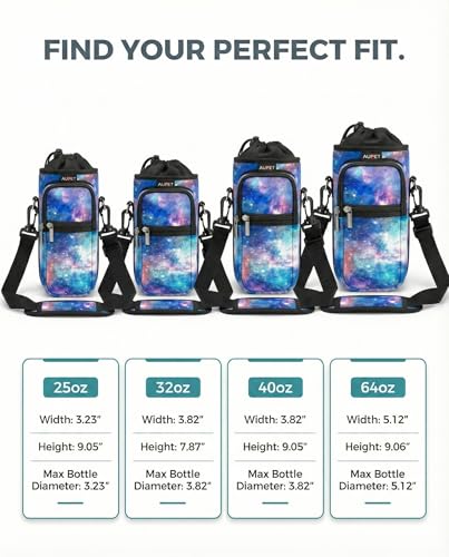 AUPET Water Bottle Sling Bag Sleeve Holder Carrier 25/32/40/64 oz,Insulated Crossbody Water Bottle Case Cover with Strap and Pockets for Men/Women Walking Hiking - color: blue starry sky, size: 32oz