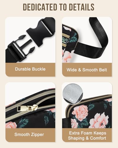 Capolo Fanny Packs for Women 4 Zip Pocket Crossbody Belt Bag Waist Bags - color: Black Flower, size: Large
