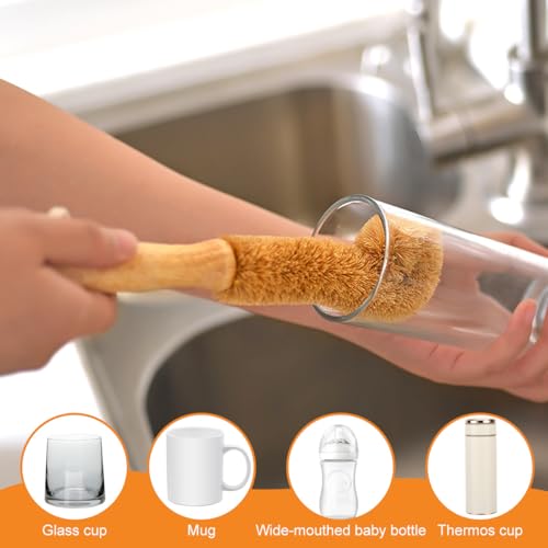 1Pcs Coconut Fibre Brush with Natural Wooden Handle Hangable Kitchen Multifunction Brush Cup Brush Washing Brush for Glass Feeding Bottle Wine Bottle