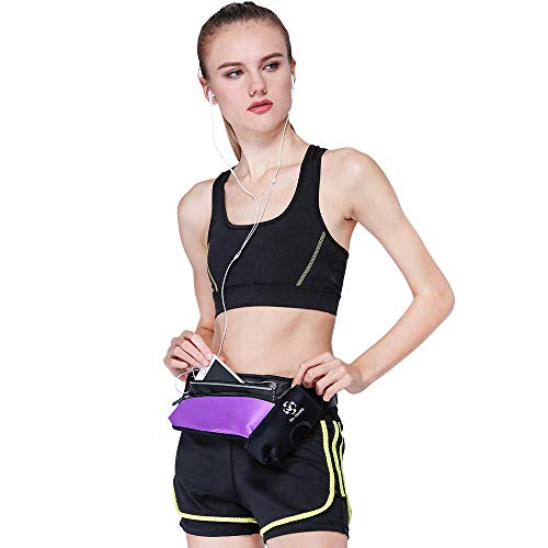 Running Belt Sport Waist Pack/Pouch w/Water Bottle Holder Hydration Fanny Pack Reflective Stripes Cellphone Storage Earphone hole for Dog walker Hiking Travel Adjustable Women/Men (Black/Purple) - color: Black/Purple