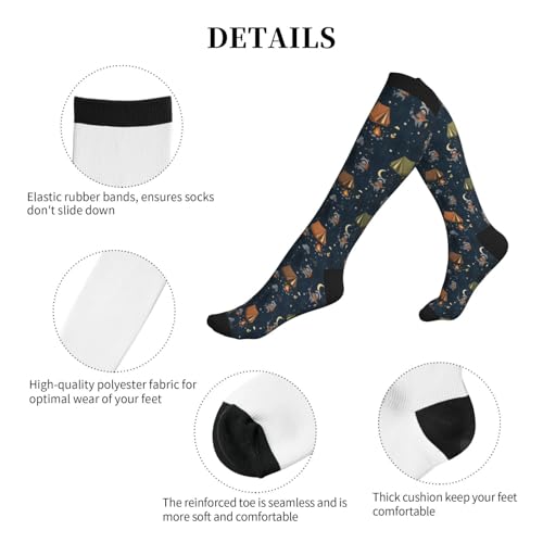 Patterned Knee High Socks for Women Men Athletic Running Travel Work - color: Adventure Raccoon