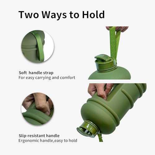 TOOFEEL 2.2 Liters Gym Big Sports Water Bottles for Men - Reusable BPA Free Plastic Clear Water Jug - Unique Water Bottles, Comfurtable to Touch and Easy to Clearn - Matte Olive Water Boottle - color: Matte Olive bottle, style: 74 oz water bottle