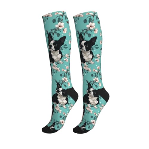 Cute Compression Socks Knee High Support Stockings Women Men - color: Boston Terrier Dog Flowers