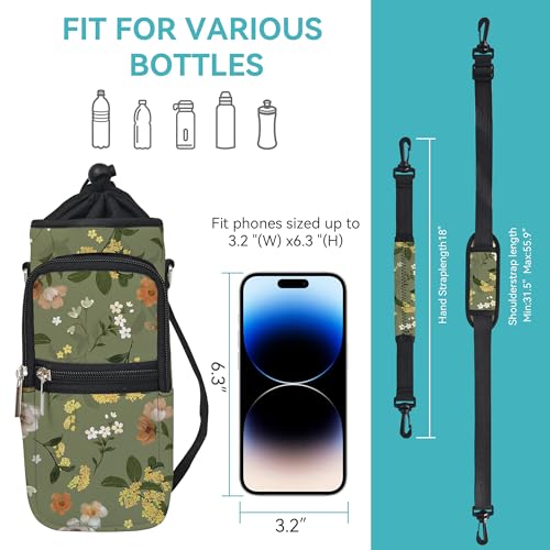 25/32/40/64oz Water Bottle Bag Holder Carrier-Insulated Crossbody Sling Case Sleeve with Strap & Pockets for Men Women Gym Cycling Travel Walking Hiking Camping - color: Green, Flowers, size: 25oz