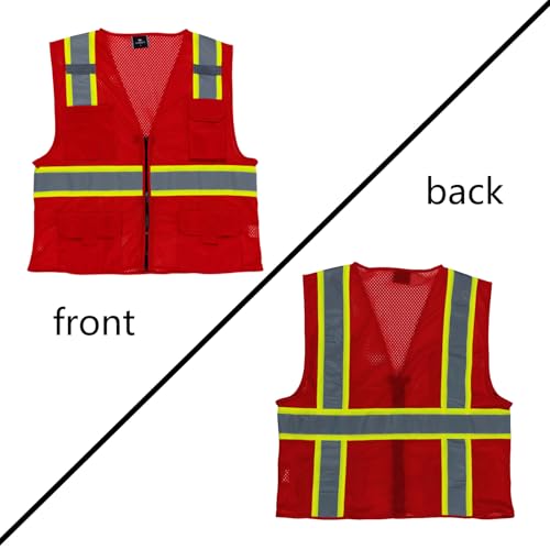 VENDACE Hi Vis Safety Reflective Mesh Vest for Men ANSI Class 2 High Visibility Vest with 8 Pockets and Zipper Red