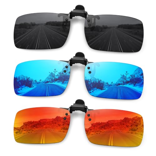 MEETSUN Polarized Clip On Sunglasses for Men Women, Fit Over Glasses - color: 3pack-black+blue+red