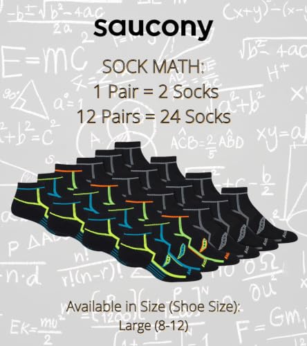Saucony Men's RunDry Bolt Performance Quarter Socks, Available in L-XL (6, 12 Pairs) - color: Black (12 Pairs), size: Large