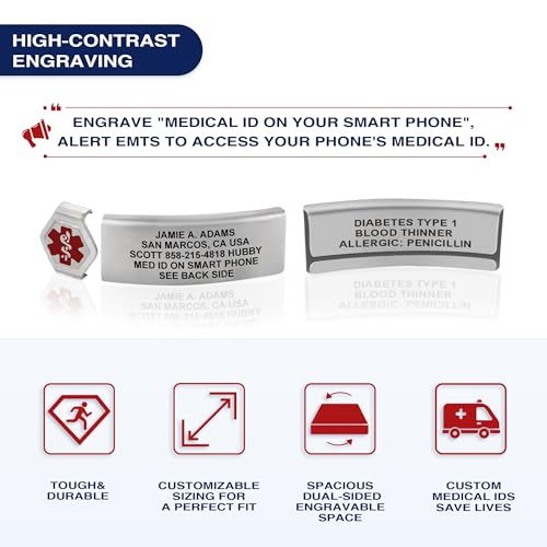 Divoti Custom Dual-Sided Engraved Silicone Medical Alert ID Wristband w/Security Clasp & Trim-to-Fit Band - Style - color: Carmella Blue / Brushed Stainless Silver / Red, size: Band Width - 13mm