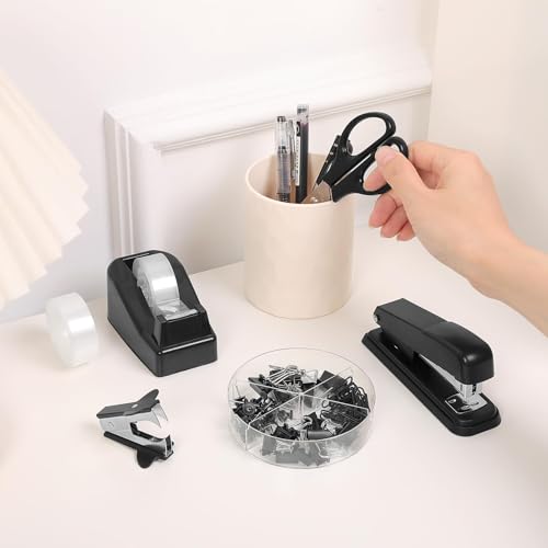 SKYDUE Black Office Supplies Set, Stapler and Tape Dispenser Set,10PCS - color: Black