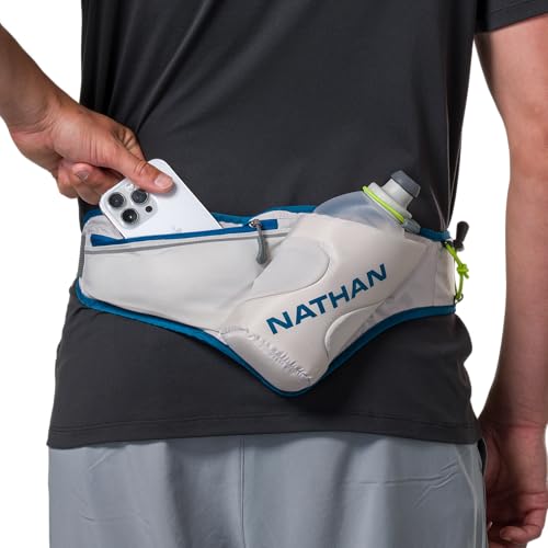 Nathan Peak Running Hydration Waist Pack Belt w/ Speed Draw Flask Water Bottle, 18oz/535 ml Push/Pull Race Cap, Expandable Zippered Stretch Pocket - color: Vapor Grey