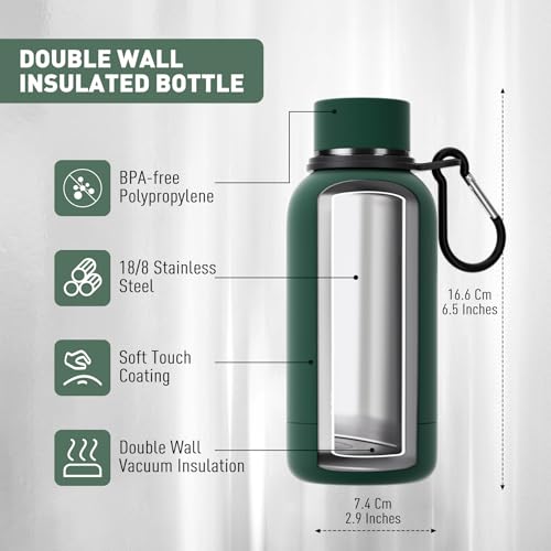 Exllena Small Water Bottle 12oz with Clip, Double Wall Stainless Steel Vacuum Small Insulated Water Bottle Keeps Drinks Cold 24 Hrs/Hot 12 Hrs for Kids Handbag School BPA Free (Emerald Green) - color: Emerald Green, size: 350 ml
