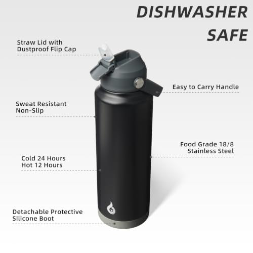 BJPKPK 2 Pack 40oz Insulated Water Bottles with Straw Lids, Stainless Steel - color: 2 X Black, size: 40 Ounces