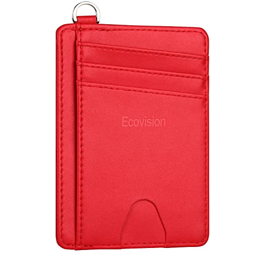 Slim Minimalist Front Pocket Wallet, RFID Blocking Credit Card Holder Wallet with Integrated D-Shackle for Men Women - color: Cowhide Red