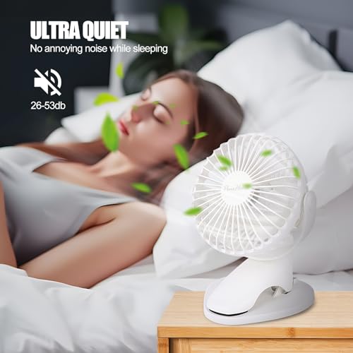 Portable Clip Fan Battery Operated,3 Speeds USB Rechargeable Mini Table Fan with Strong Airflow,360°Rotation Ultra Quiet Personal Desk Fan for Home Office Bedroom Dorm Stroller Camping(White) - color: White