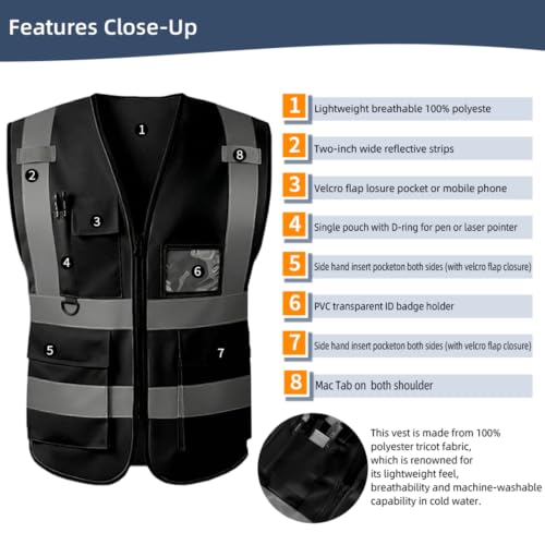 Safety Vest High Visibility Reflective Construction Vest - color: Black, size: Medium