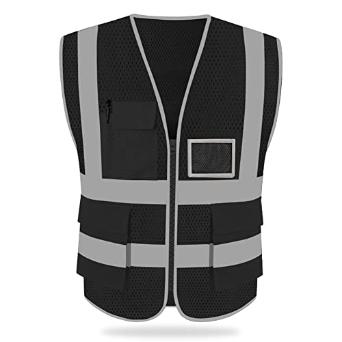 HYCOPROT High Visibility Mesh Safety Reflective Vest with Pockets and Zipper, Meets ANSI/ISEA Standards - color: Black, size: XX-Large